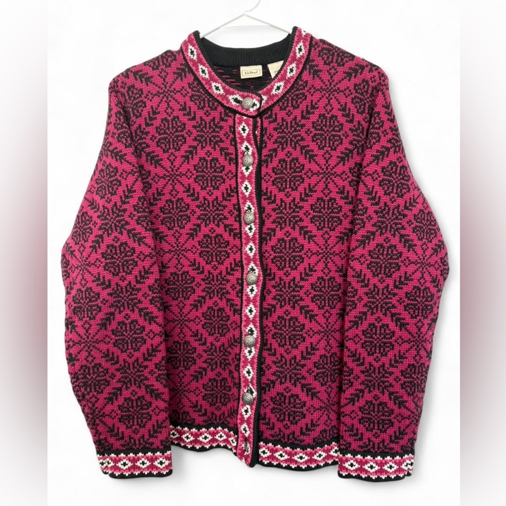 L.L. Bean Vintage Nordic Snowflake Cotton Cardigan Large Pink Black Cabin Winter